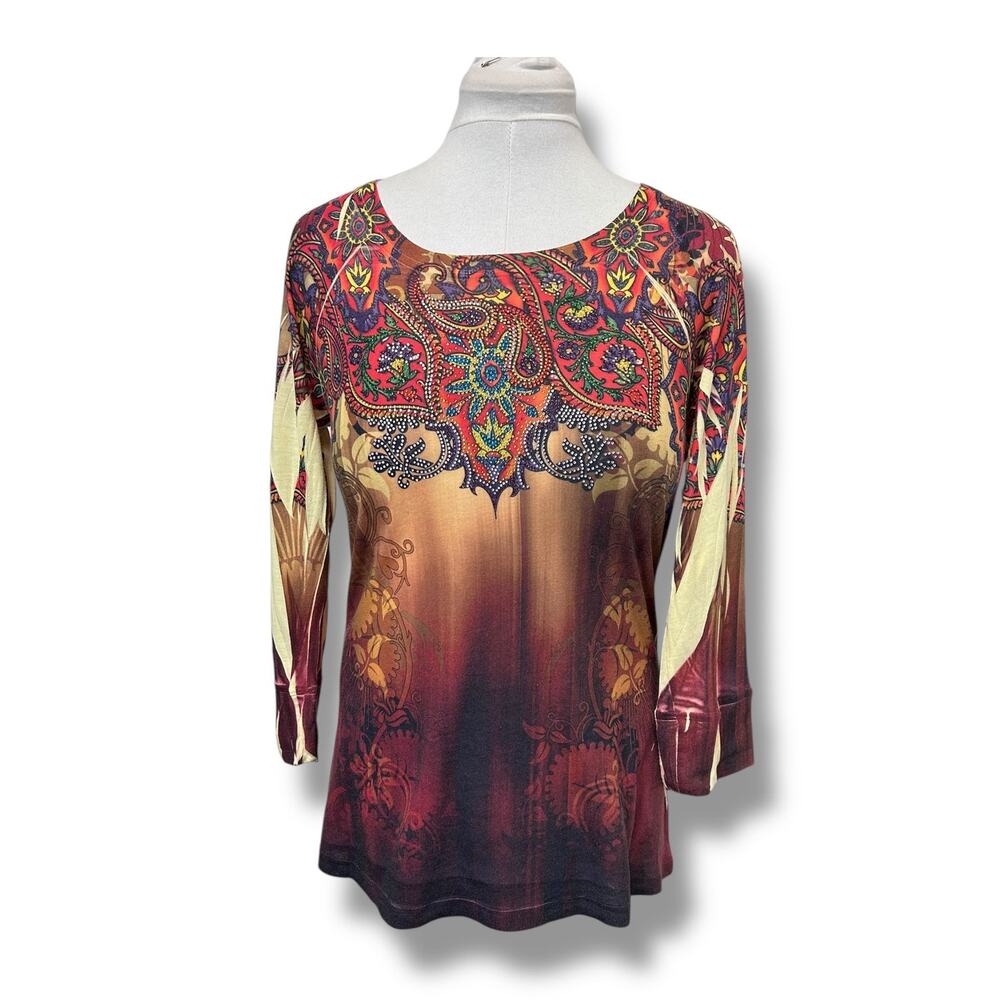 B.L.E.U. Women’s 3/4 Sleeve Scoop Neck Beaded Top, Brown, Size L